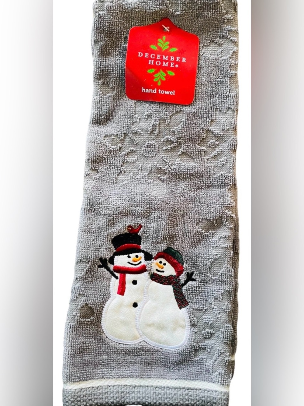 New December Home Snowman Hand Towel Gray Embroidered Holiday Christmas